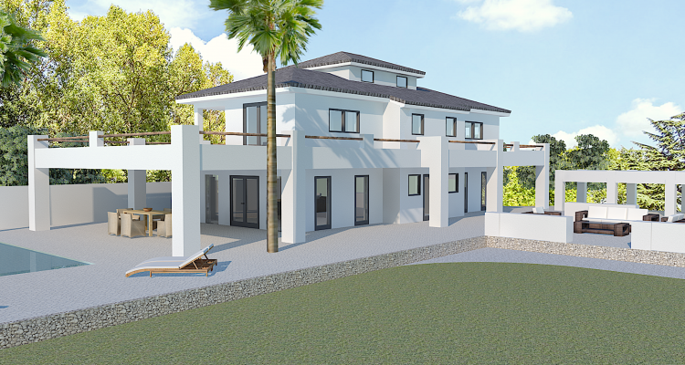 Buitenaanzicht van de villa met zwembad, overdekt terras en gazon.