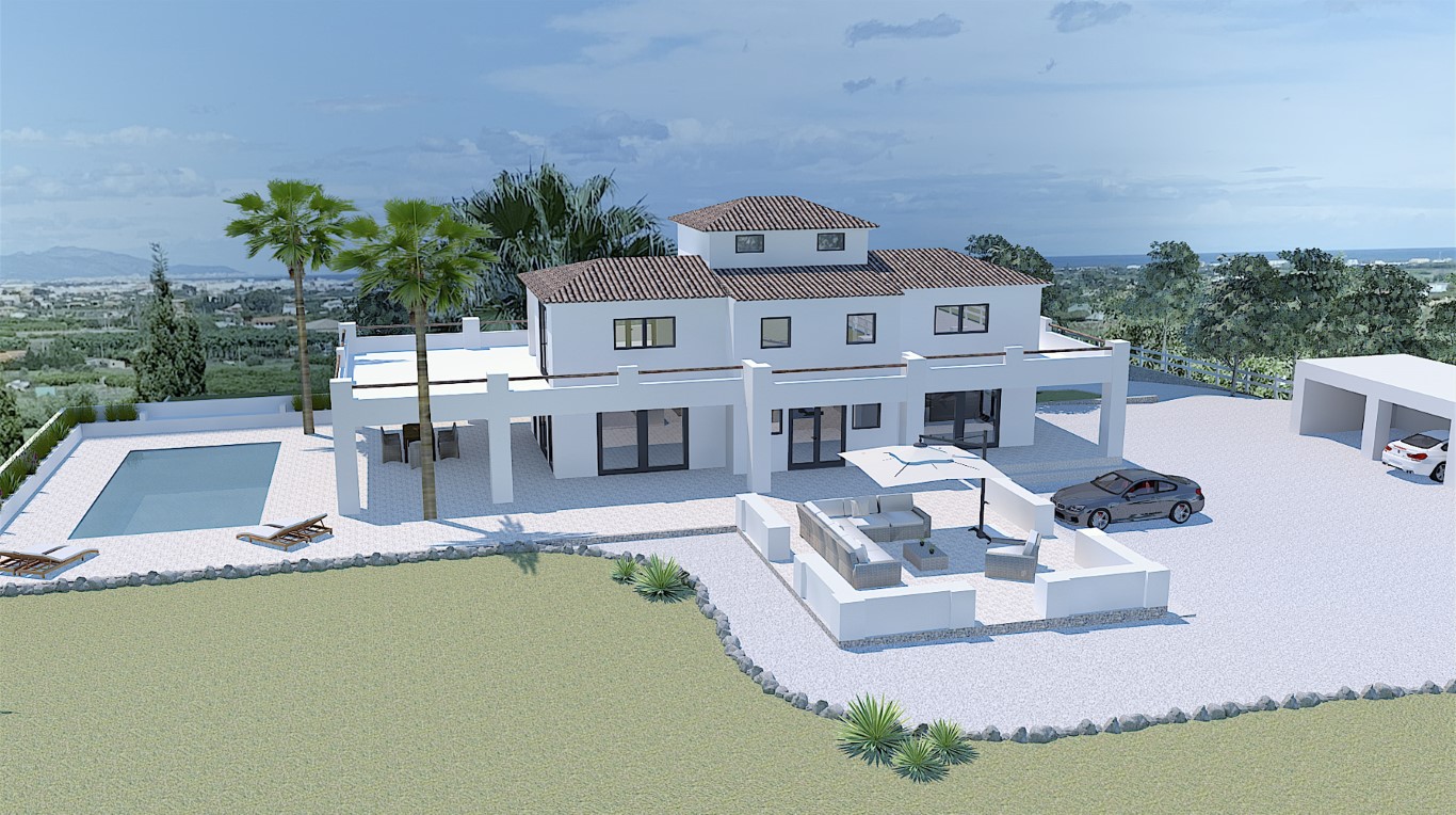 Buitenaanzicht van de villa met zwembad, zithoek en garage. Modern design met palmbomen en tuinen.