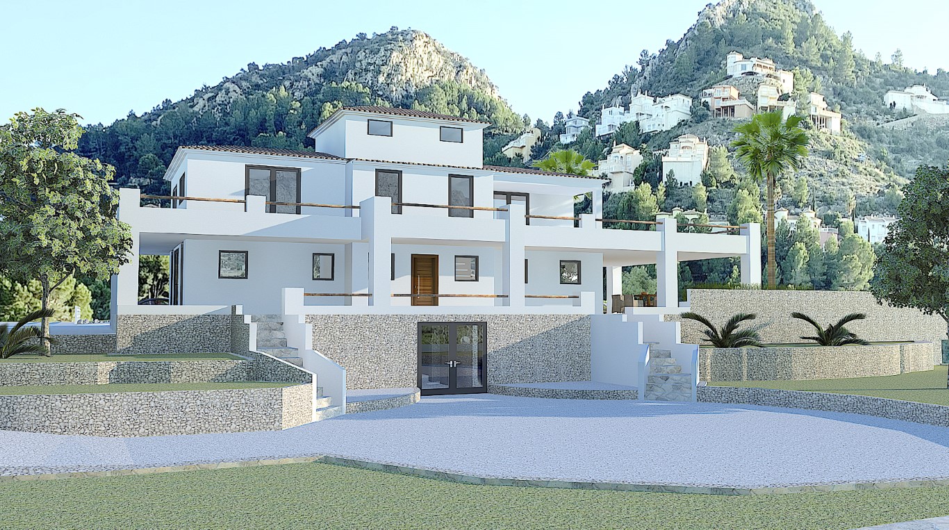Vooraanzicht van de villa met drie verdiepingen, witte gevel en natuurstenen details, omgeven door tuinen en groen.