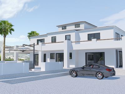 Buitenaanzicht van de moderne villa met terras, zwembad en sportwagen in Pedreguer.
