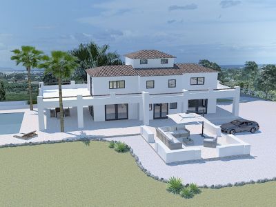 Buitenaanzicht van de villa met zwembad, zithoek en garage. Modern design met palmbomen en tuinen.