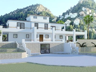 Vooraanzicht van de villa met drie verdiepingen, witte gevel en natuurstenen details, omgeven door tuinen en groen.