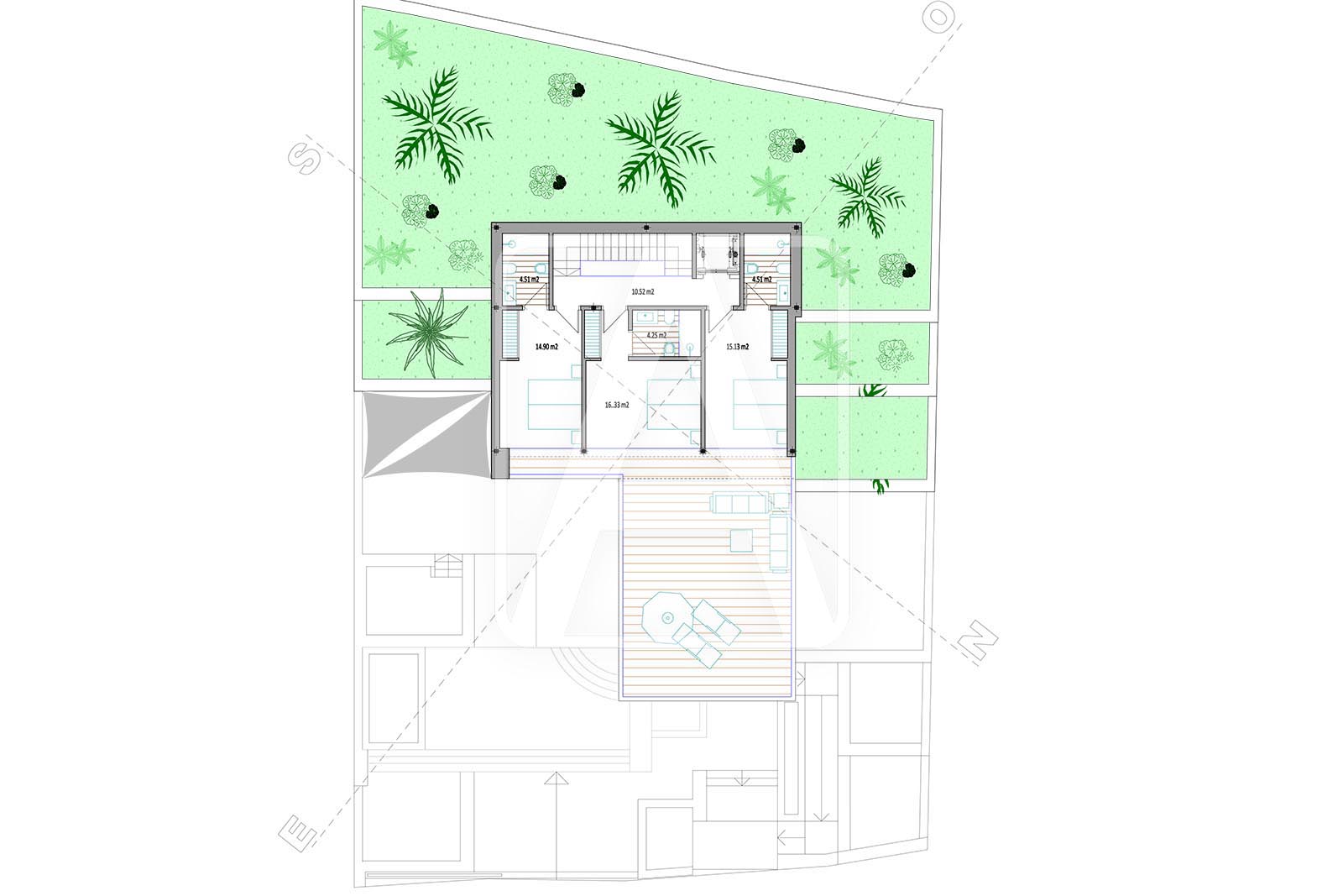 Architectonisch plan van de bovenverdieping met tuinterras en kamerindeling.