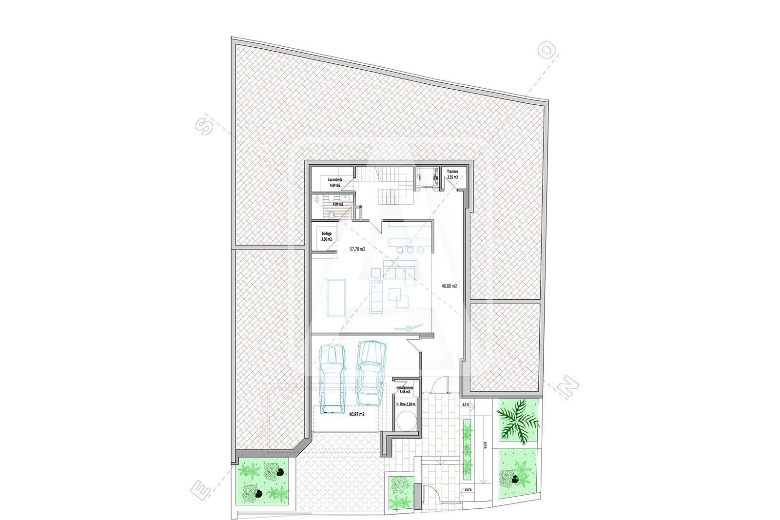 Architectonisch plan van het souterrain met dubbele garage, wasruimte, opslag en aanpasbare ruimte.