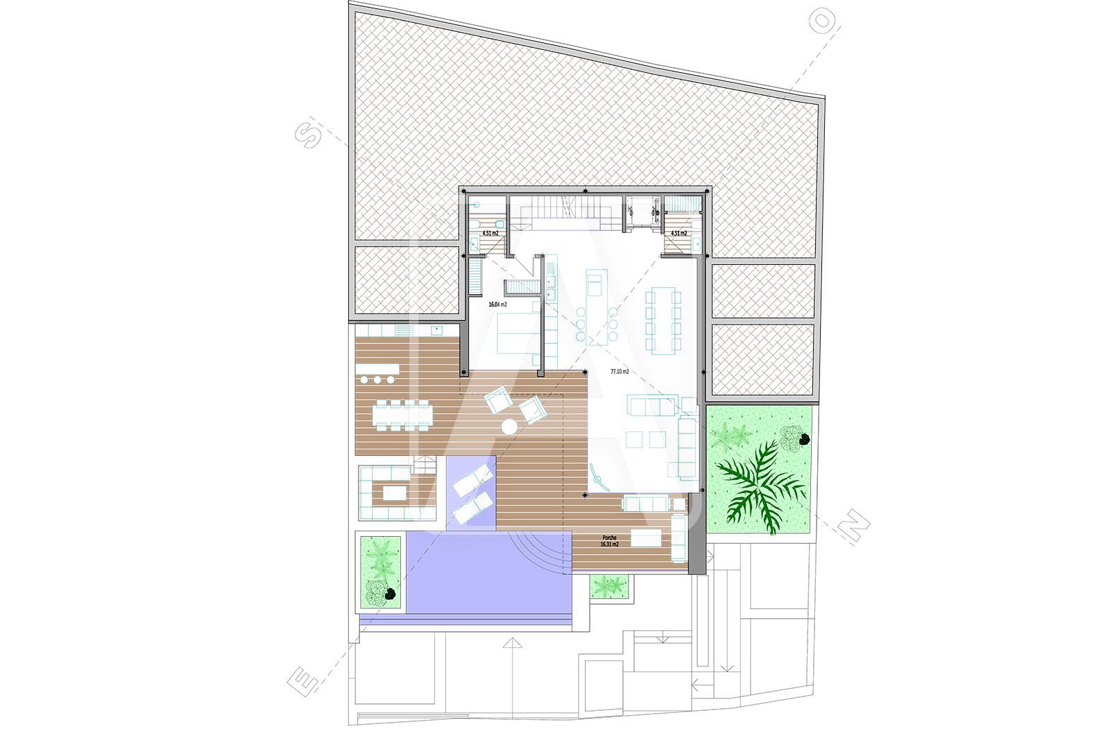 Architectonische plattegrond van de begane grond, met de indeling van het interieur en exterieur van de villa.