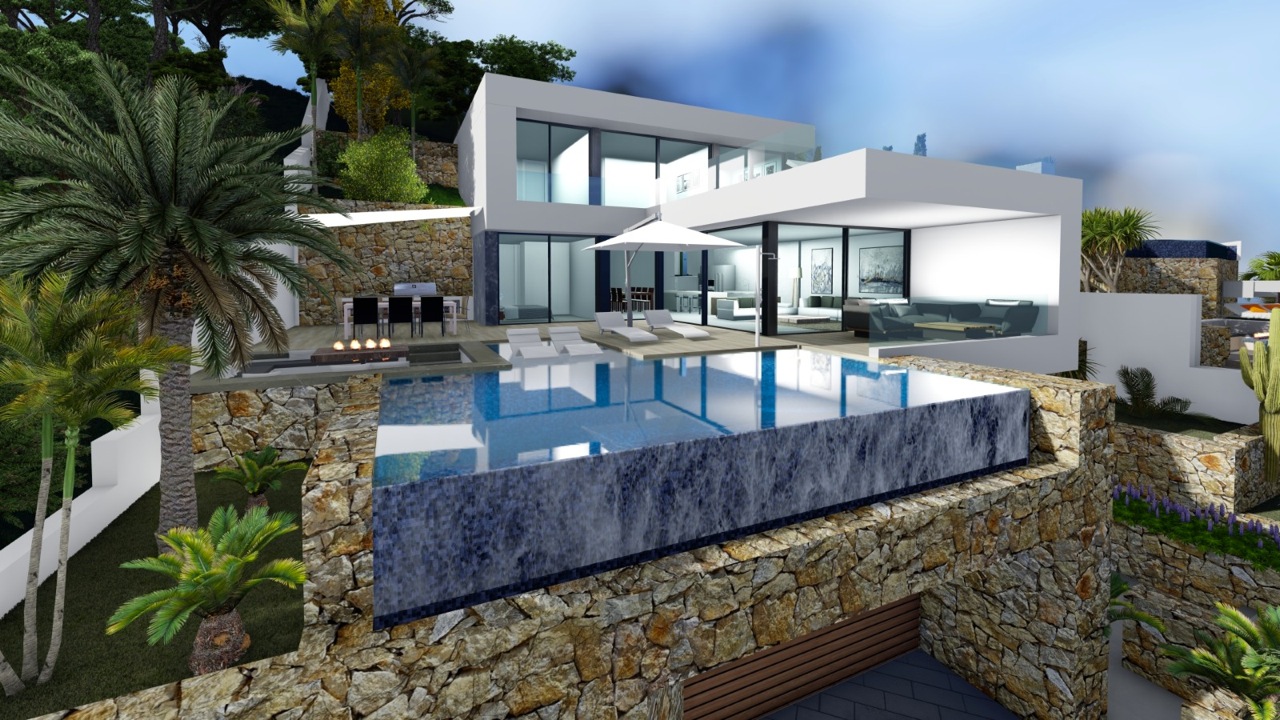 Buitenaanzicht van de villa met infinity pool, barbecue en toegang tot de woonkamer.