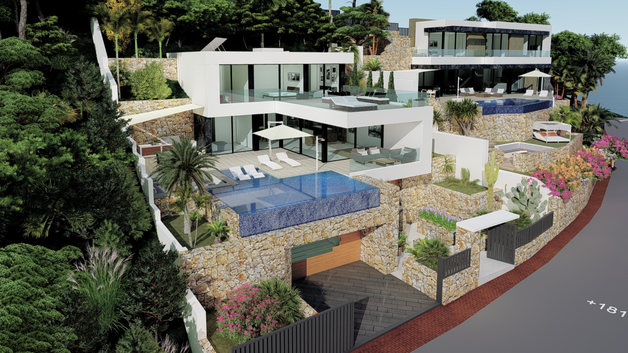 Buitenaanzicht van de villa met overloopzwembad en getrapte terrassen met uitzicht op zee.