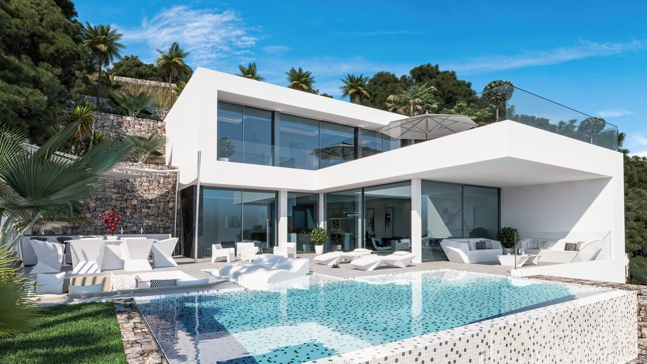Buitenaanzicht van de villa met overloopzwembad, terras met modern meubilair en minimalistisch architectonisch ontwerp.