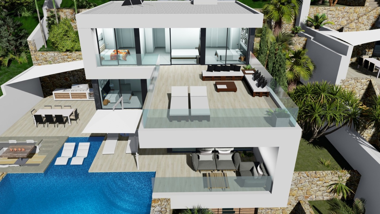 Luchtfoto van de villa met blauw zwembad, terras met ligstoelen en buitenwoonruimte.