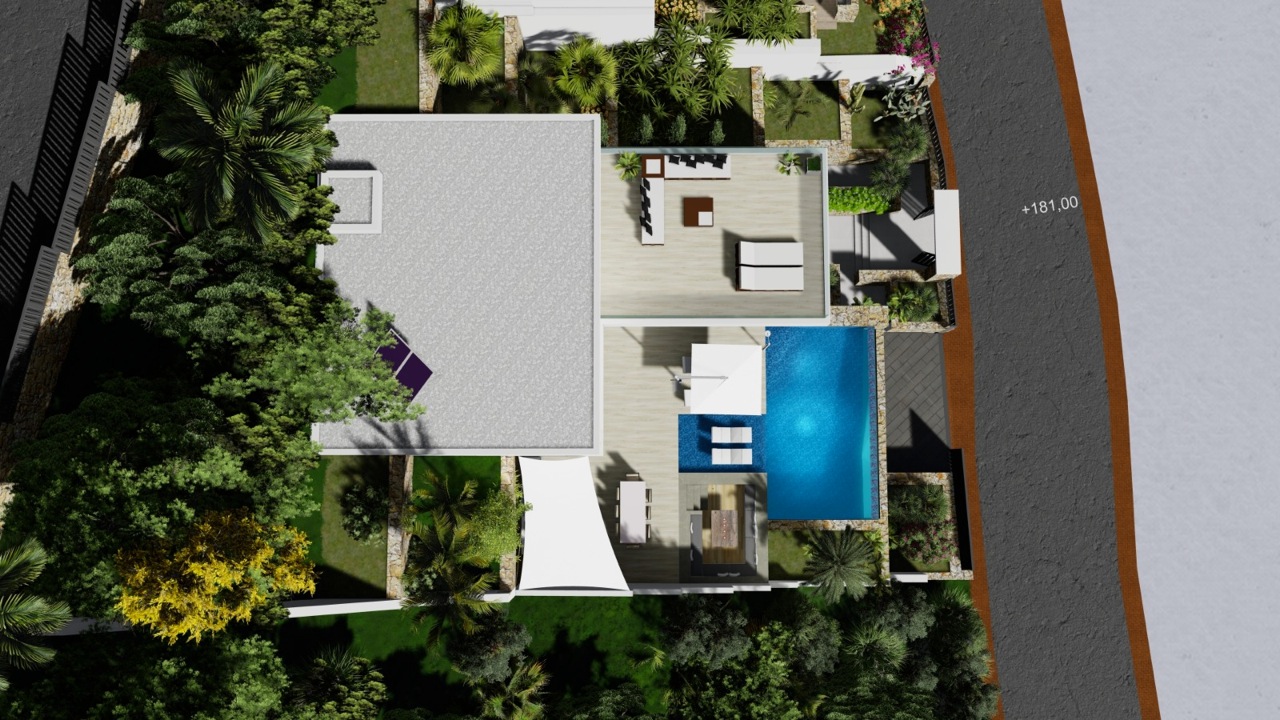 Luchtfoto van de villa met zwembad, terras en weelderige tuin.