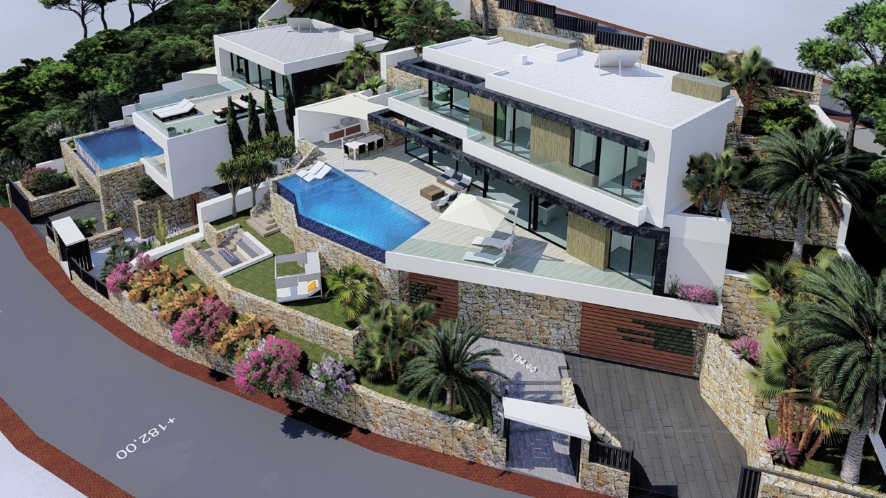 Luchtfoto van moderne villa met infinity pool en natuurstenen gevel.