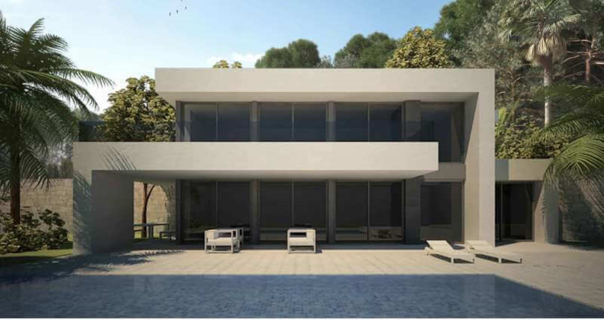 Moderne villa met een strakke witte gevel, grote glazen puien, een ruim terras met ligbedden en een zwembad omgeven door mediterrane beplanting.
