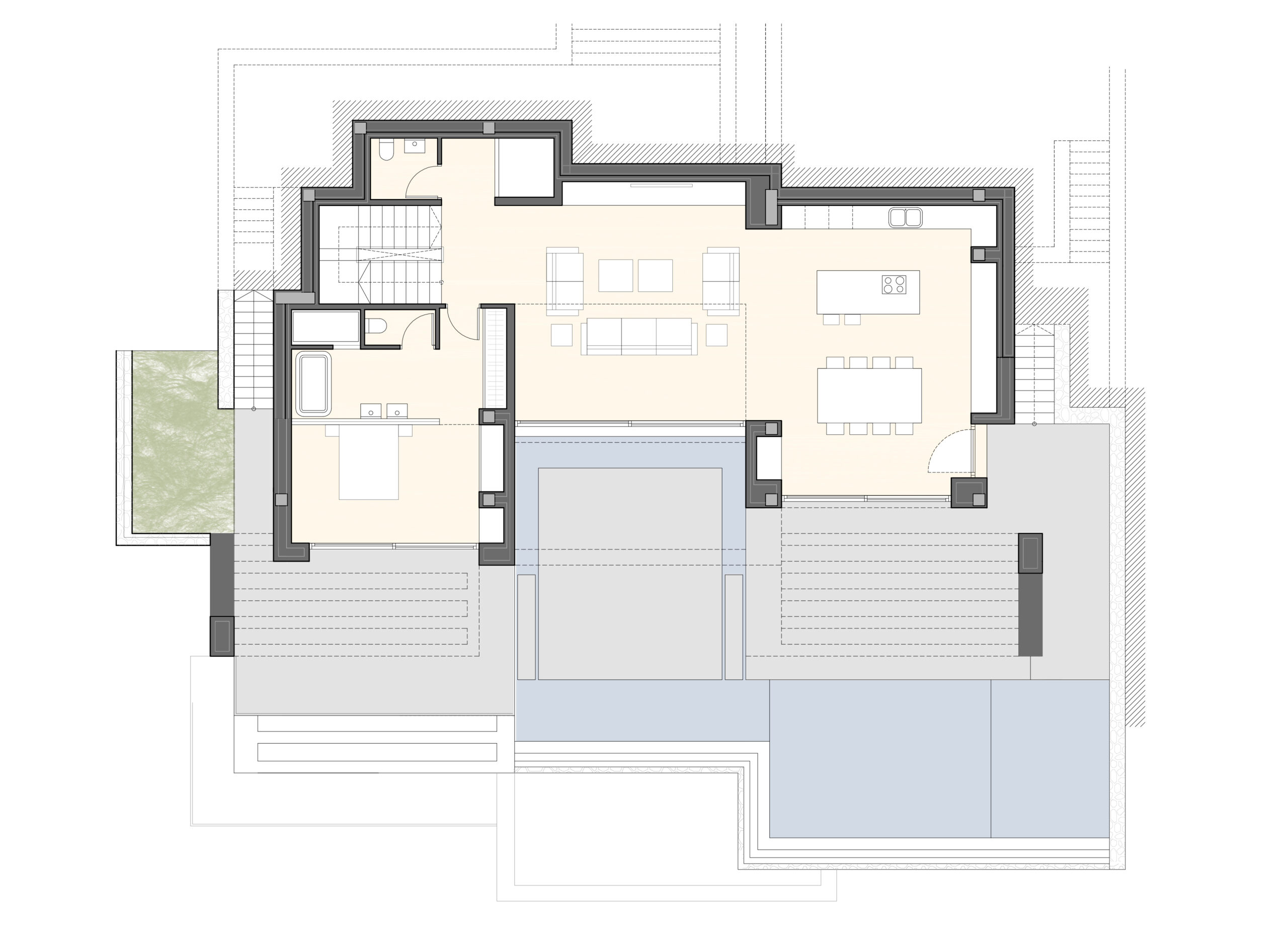 Gedetailleerde plattegrond van de begane grond met open woonkamer, keuken met kookeiland, hoofdslaapkamer met en-suite badkamer en groot terras met overloopzwembad.