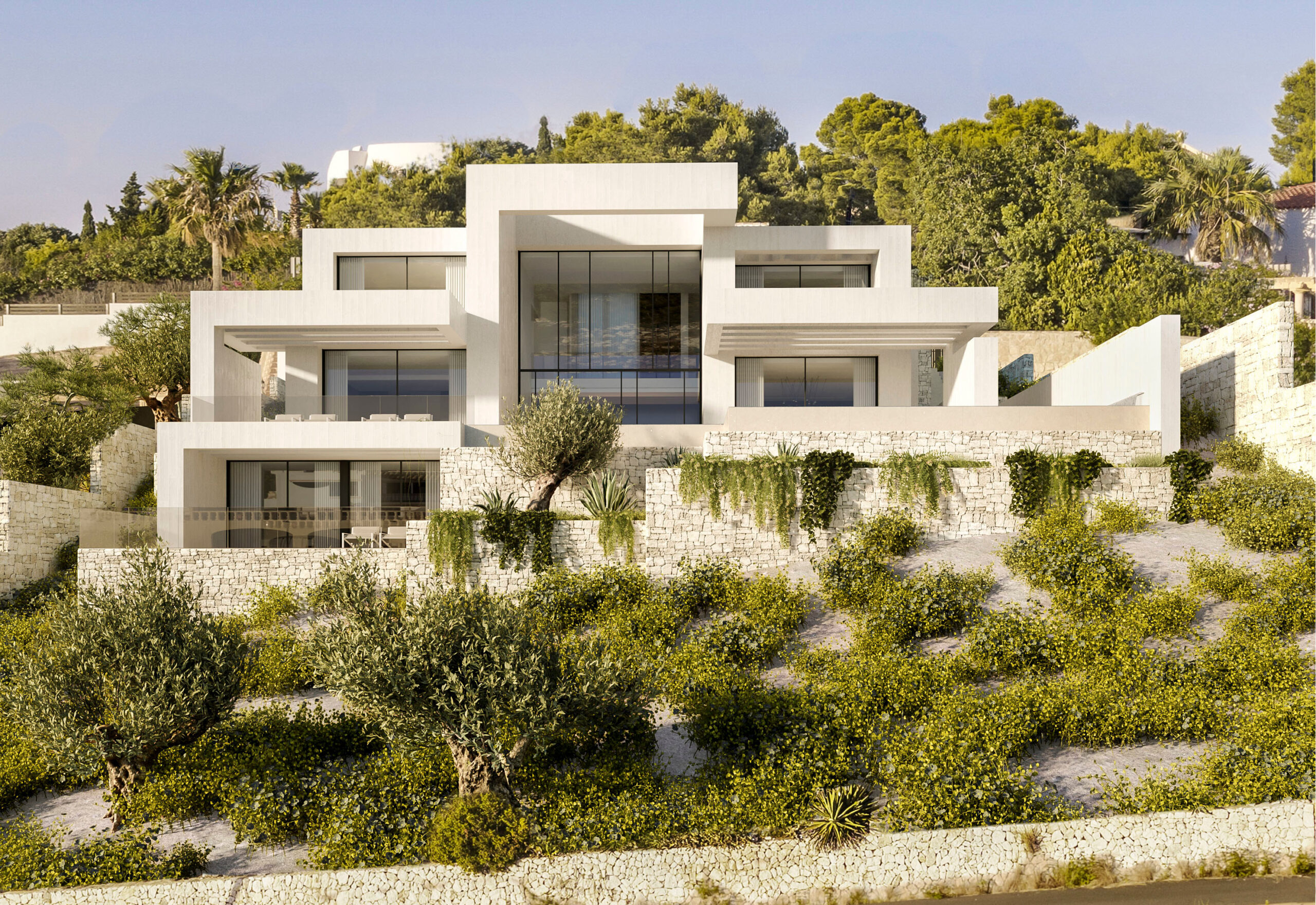 Moderne villa met meerdere niveaus, witte geometrische architectuur, natuurstenen muren en grote glaspartijen geïntegreerd in het mediterrane landschap.