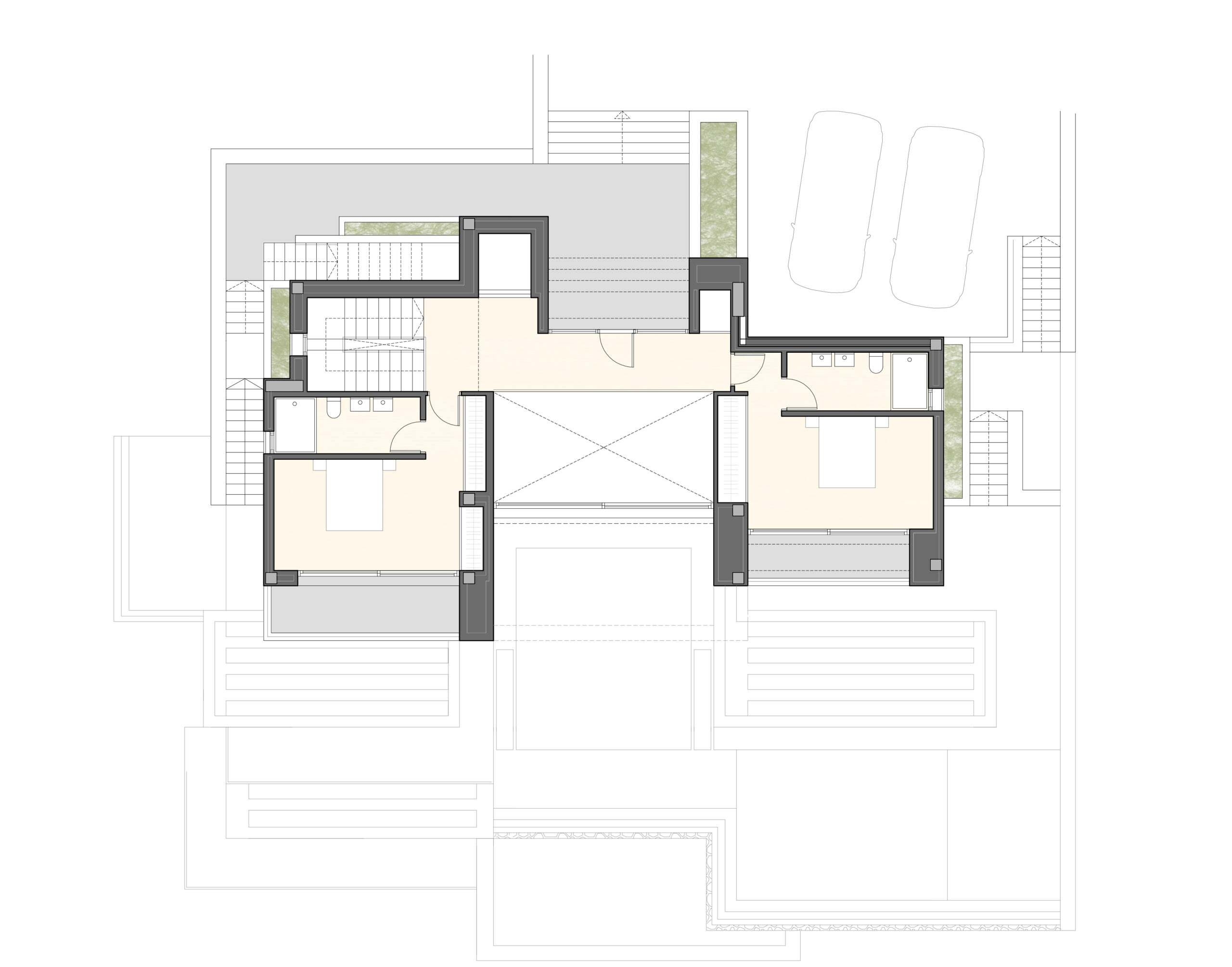 Technische plattegrond van de eerste verdieping met twee slaapkamers met en-suite badkamers, hal, lift en buitenparkeerplaats.