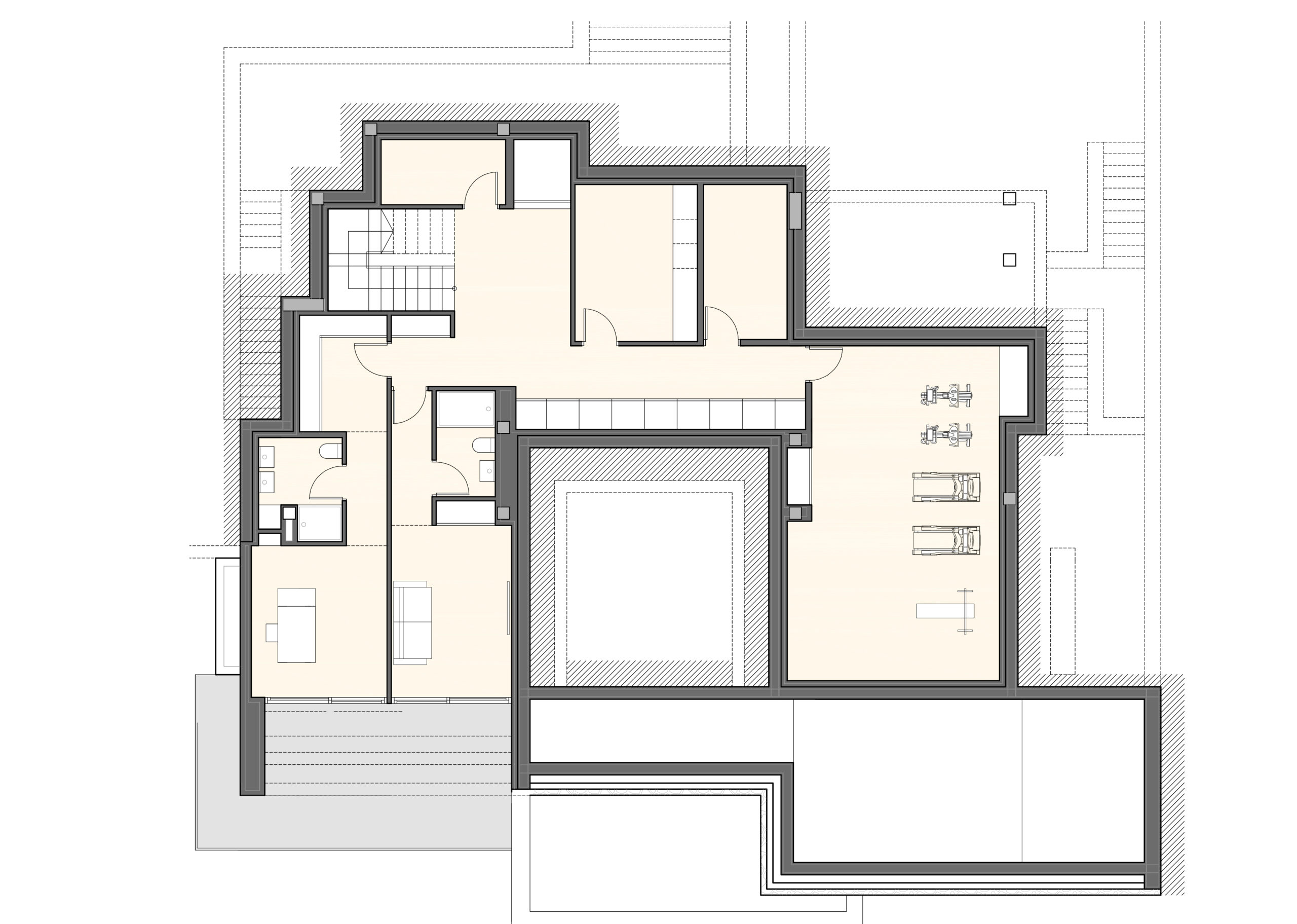 Technische plattegrond van het souterrain met een fitnessruimte, slaapkamer met en-suite badkamer, kantoor, technische ruimtes en toegang tot de lift.