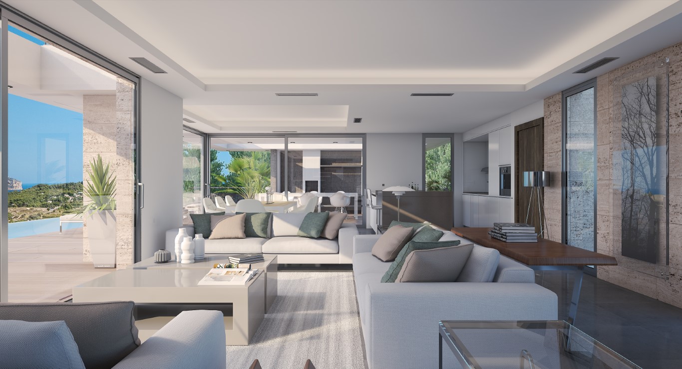 Open woonkamer met grote schuiframen die toegang bieden tot het terras en de infinity pool. Voorzien van natuurstenen wanden en indirecte plafondverlichting voor een modern design.