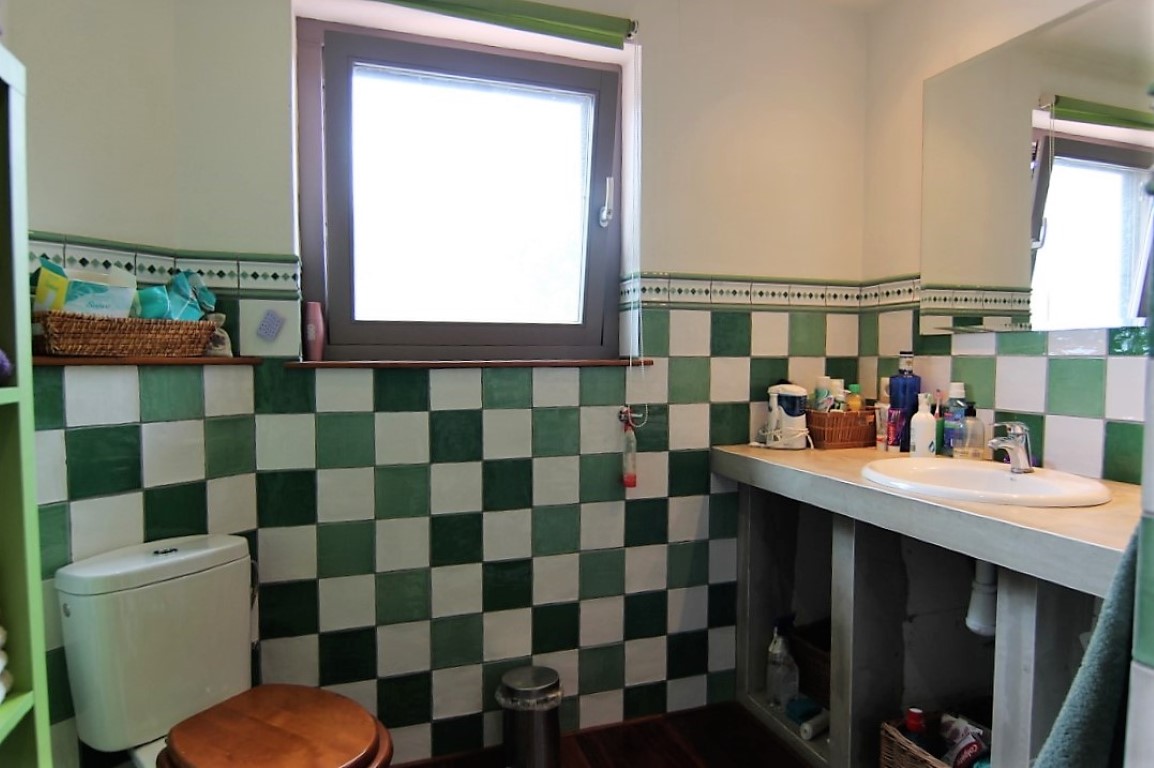Badkamer met groen-wit geblokte tegels, een ingebouwd wastafelmeubel met witte wasbak en een raam voor natuurlijk licht.
