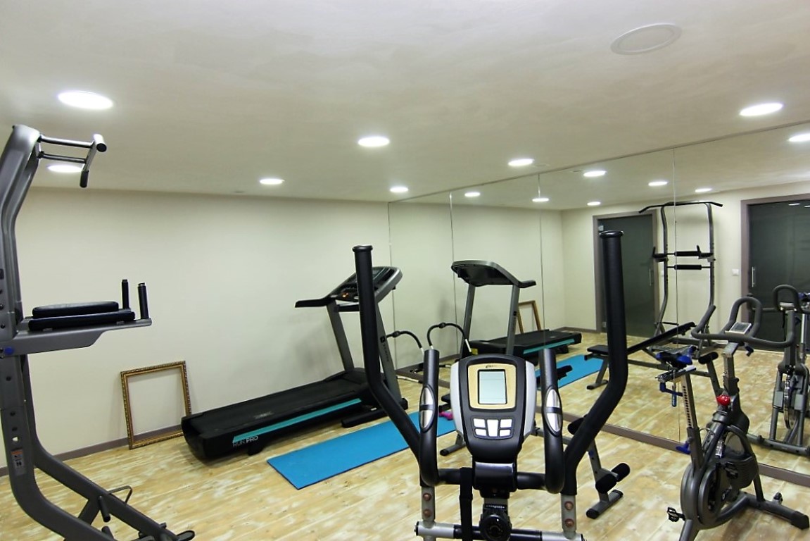 Privé-fitnessruimte in het souterrain met lichte houten vloer, kamerhoge spiegels en diverse fitnessapparatuur onder moderne inbouwspots.