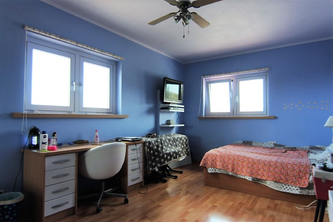 Slaapkamer met blauwe wanden, houten vloer, een bureauhoek en twee ramen voor natuurlijk licht. Voorzien van een plafondventilator.