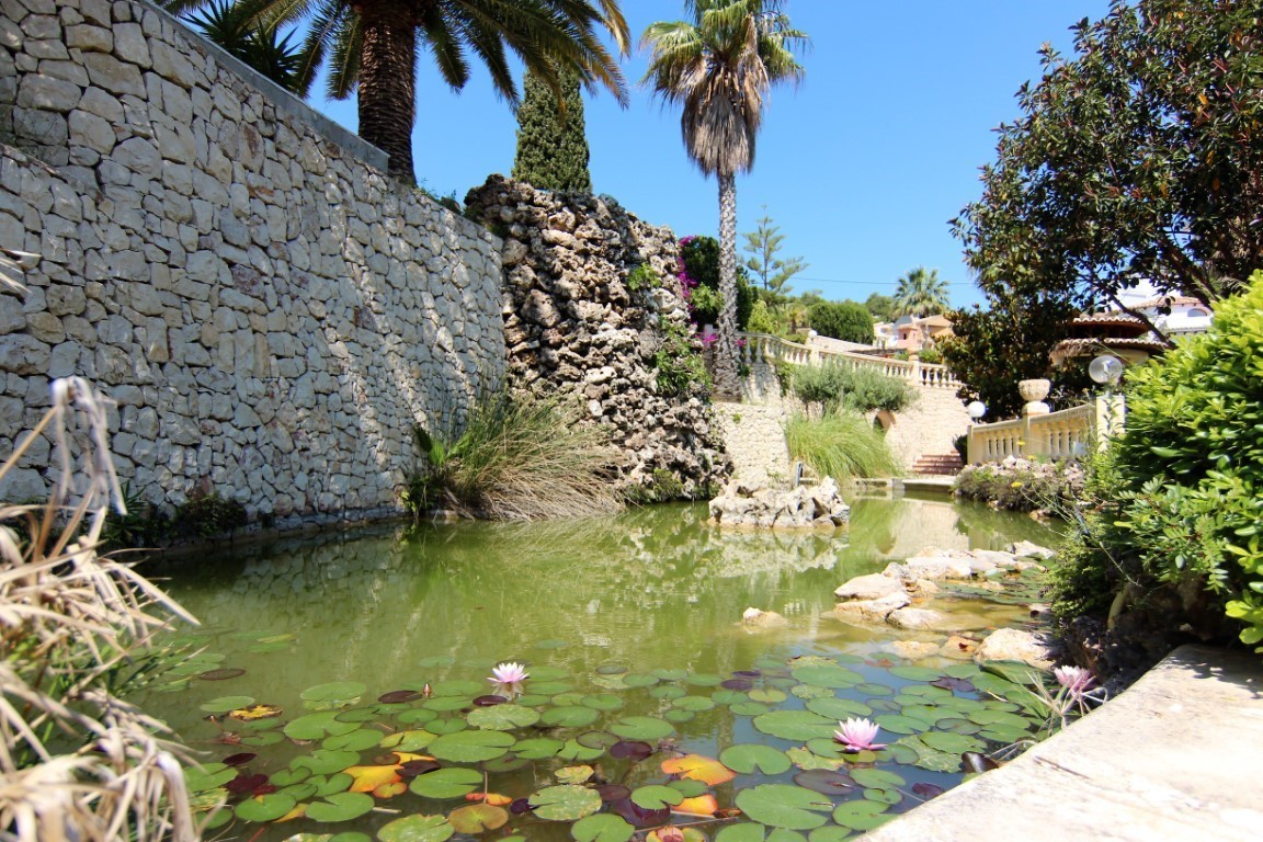 Siervijver met waterlelies en een natuurlijke rotswaterval, omgeven door natuurstenen muren en mediterrane beplanting met palmbomen.