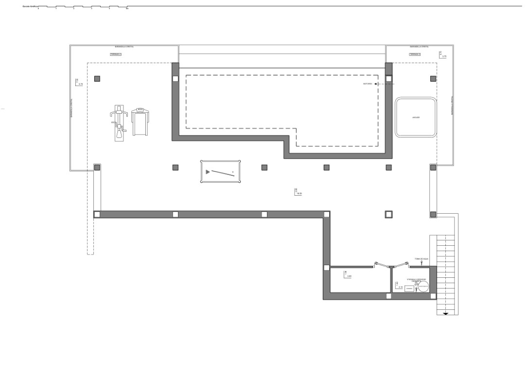 Gedetailleerde plattegrond van de benedenverdieping met de indeling van het terras, zwembad, jacuzzi, fitnessruimte en biljarttafel.