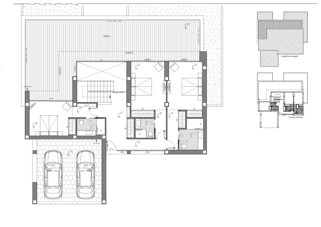 Gedetailleerde plattegrond van de bovenverdieping met drie slaapkamers en-suite, inbouwkasten, een dubbele parkeerplaats en een groot terras met schaduwstructuur.