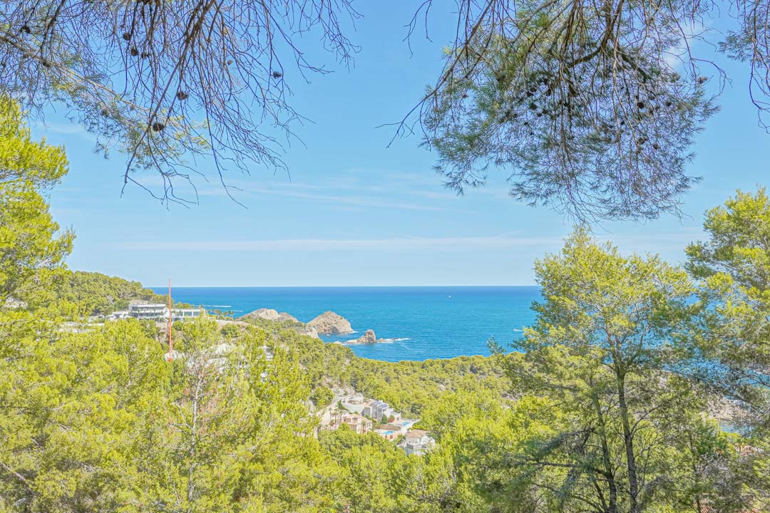 Panoramisch uitzicht op de Middellandse Zee en het eiland Portichol vanaf het perceel, omlijst door inheemse dennenbomen en kustvegetatie in Jávea.