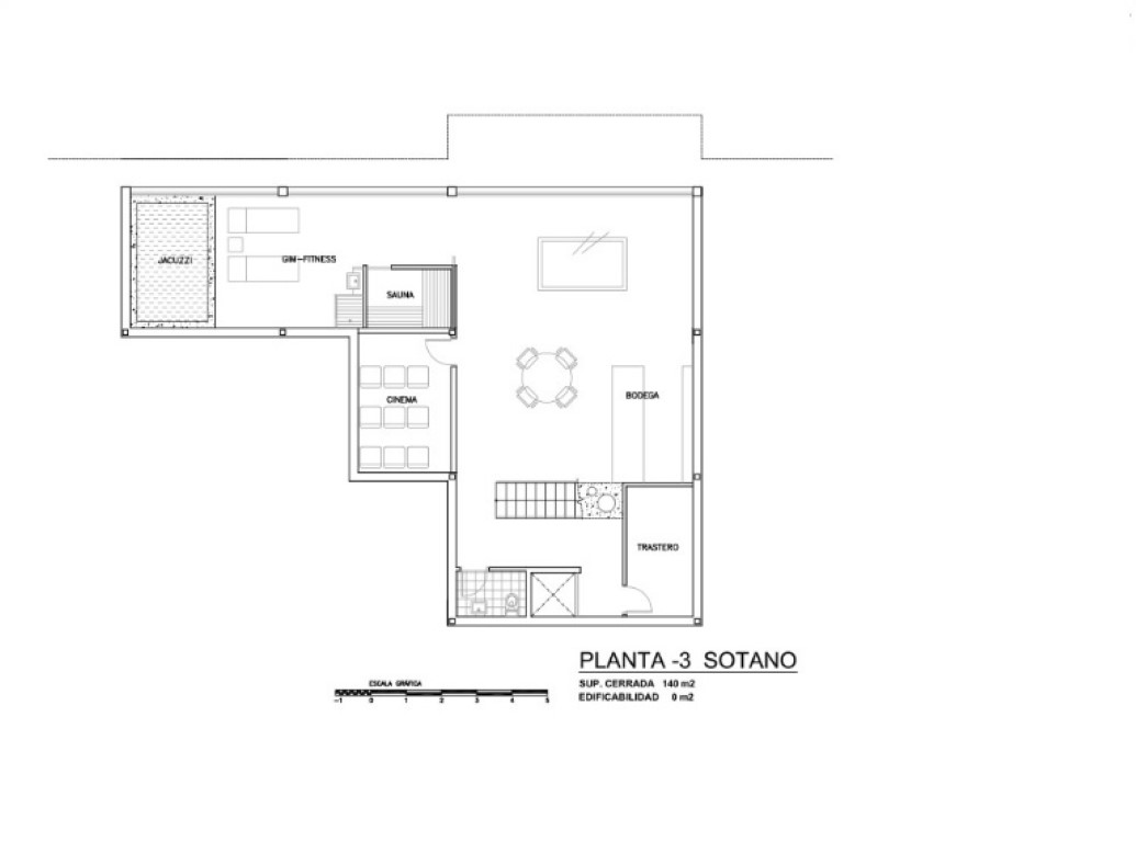 Gedetailleerde plattegrond van niveau -3 met een wellnessruimte inclusief sauna, jacuzzi en fitness, plus een thuisbioscoop, wijnkelder en berging.