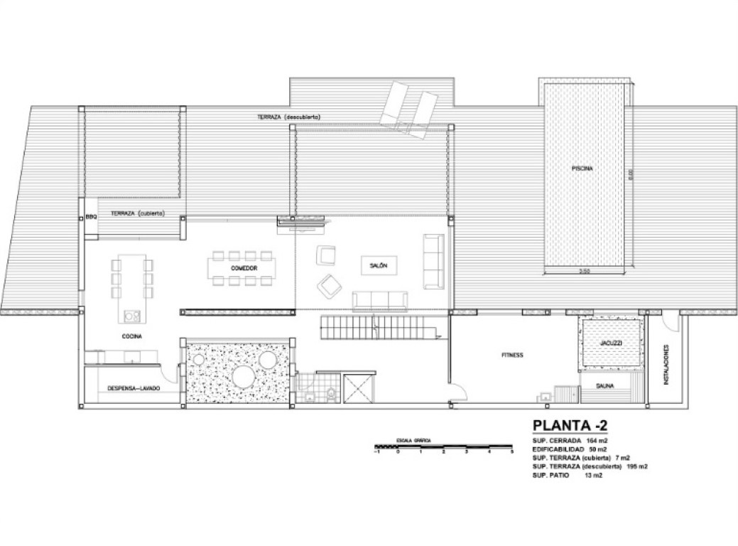 Gedetailleerde plattegrond van verdieping -2 met open keuken, woon-eetkamer, fitnessruimte met sauna en een groot terras met zwembad en barbecueplaats.