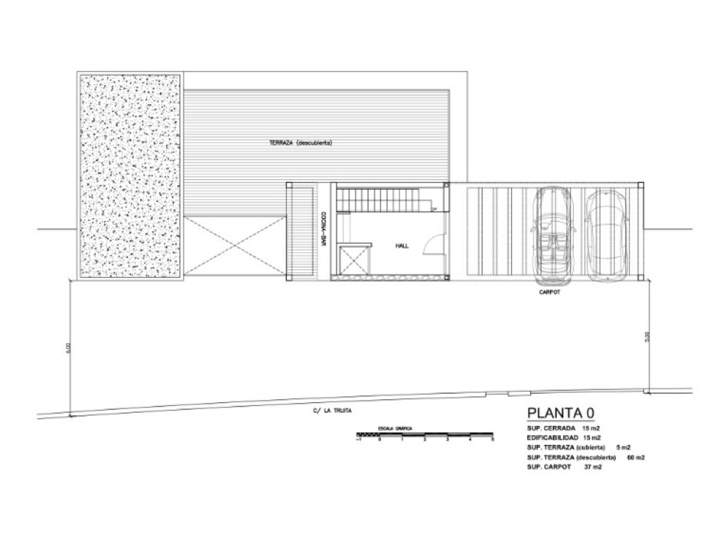 Technische plattegrond van niveau 0 met een dubbele carport, hal, buitenbar en een ruim open terras van 60 m².