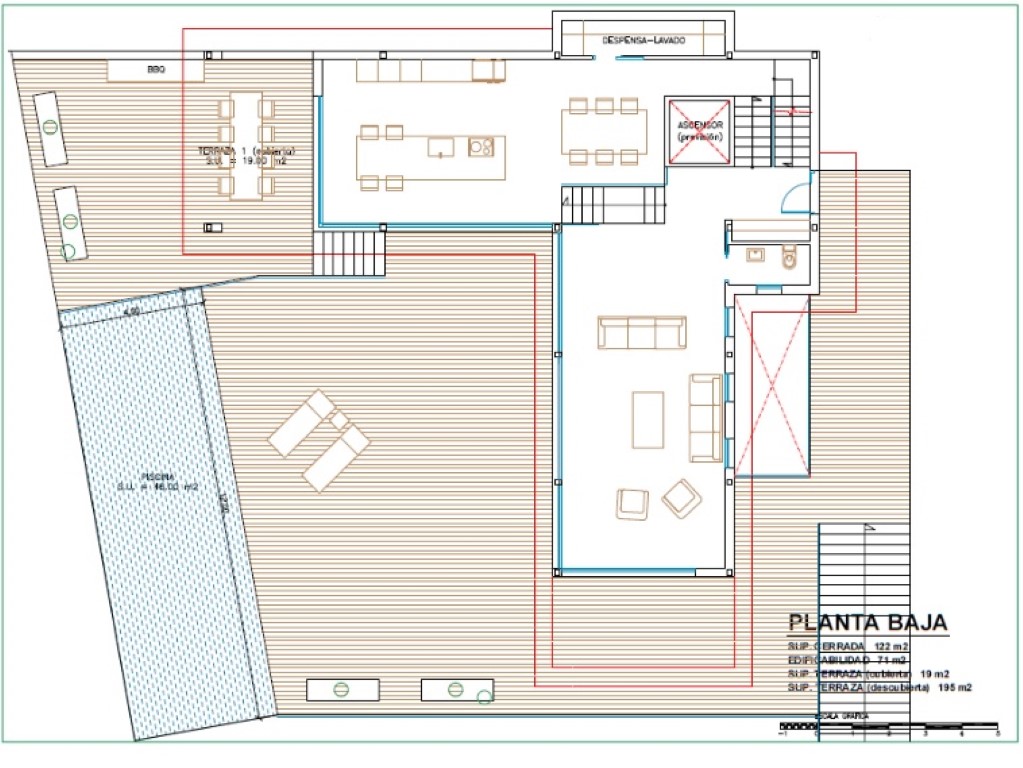 Gedetailleerde plattegrond van de woonverdieping met woonkamer, eilandkeuken en een ruim terras voorzien van een zwembad en buitenkeuken.