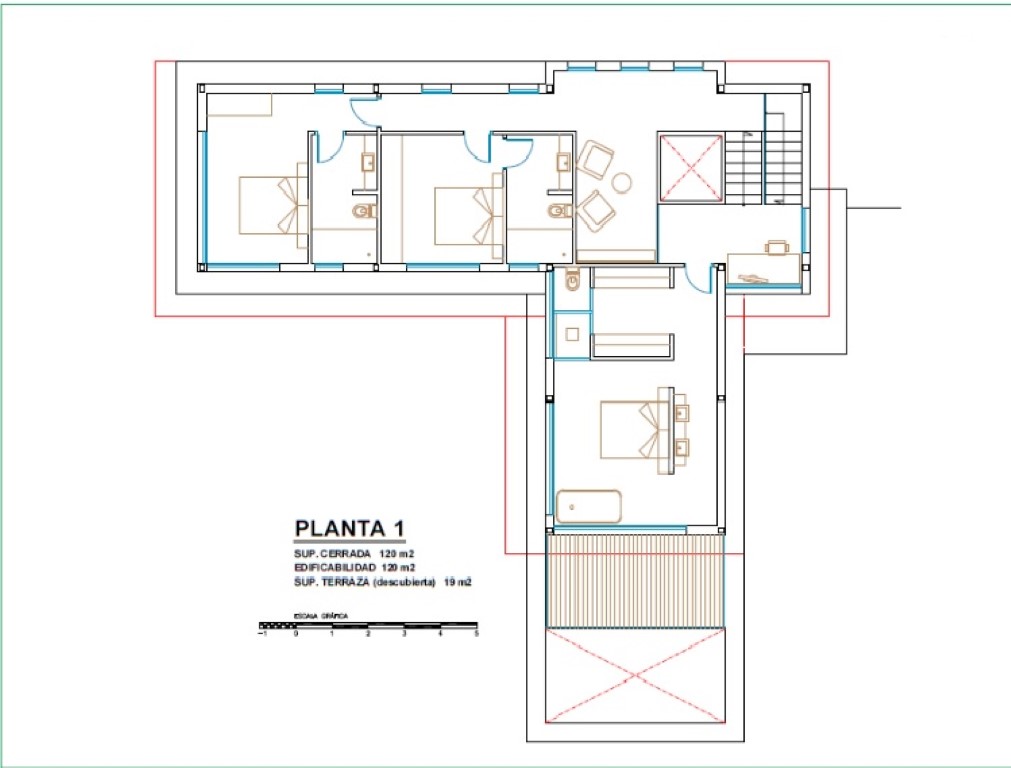 Technische plattegrond van de eerste verdieping met de indeling van drie slaapkamers met eigen badkamer, een studiehoek en toegang tot het terras.