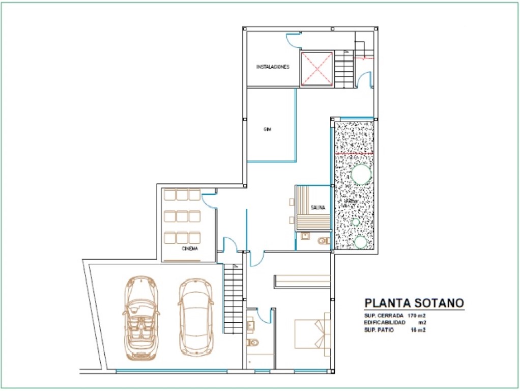 Technische plattegrond van het souterrain met de indeling van de dubbele garage, bioscoop, fitnessruimte, sauna en een slaapkamer met badkamer.