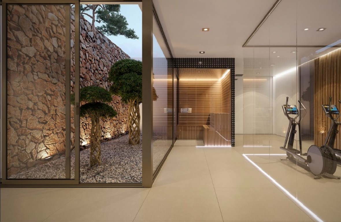 Wellnessruimte met glazen fitnessruimte en houten sauna, grenzend aan een buitenpatio met natuurstenen muur en decoratieve bomen.