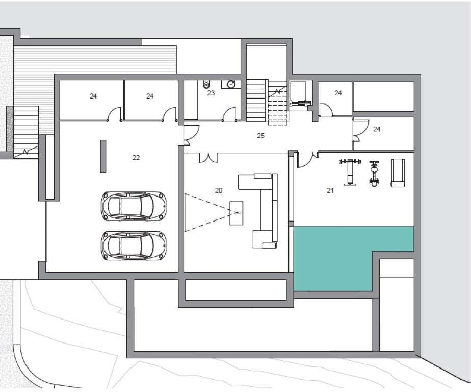 Gedetailleerde plattegrond van de benedenverdieping met dubbele garage, thuisbioscoop, fitnessruimte met zwembadgedeelte en diverse bergingen.