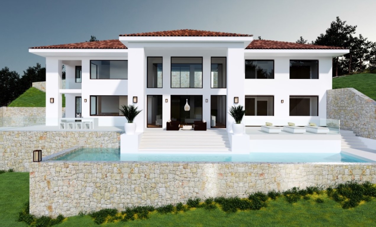 Moderne witte villa met grote raampartijen, een overloopzwembad omlijst door natuurstenen muren en diverse terrassen met loungeplekken.