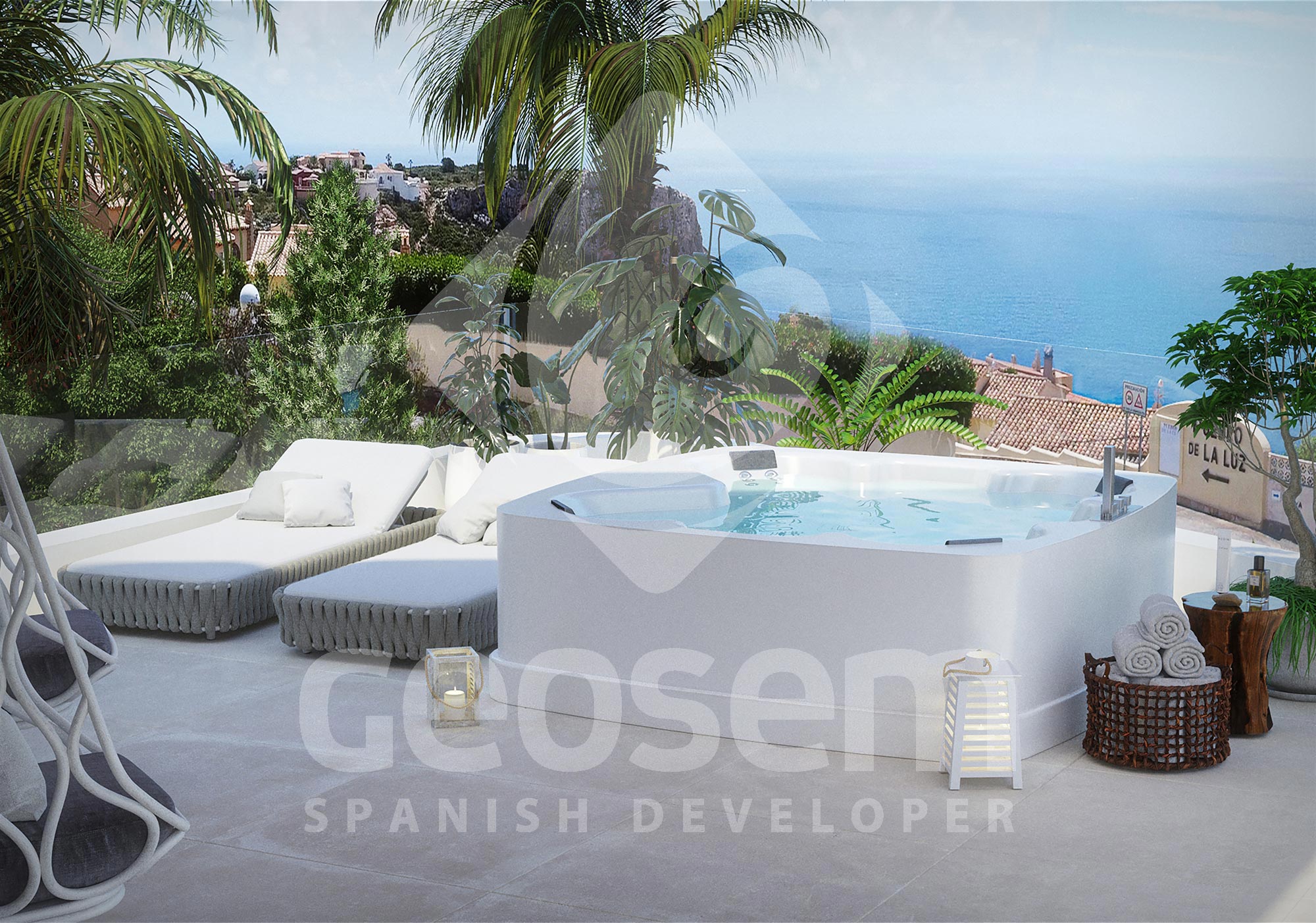 Bovenste terras met een witte jacuzzi, design ligbedden en glazen balustrade met panoramisch uitzicht over de Middellandse Zee.