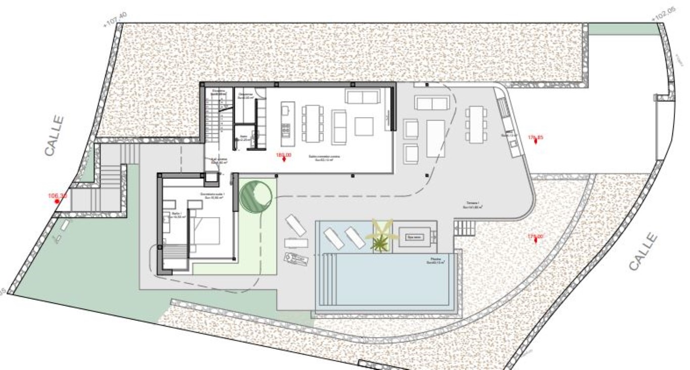 Gedetailleerde plattegrond van de begane grond met de indeling van de open woonkamer, master suite en het grote terras met overloopzwembad.