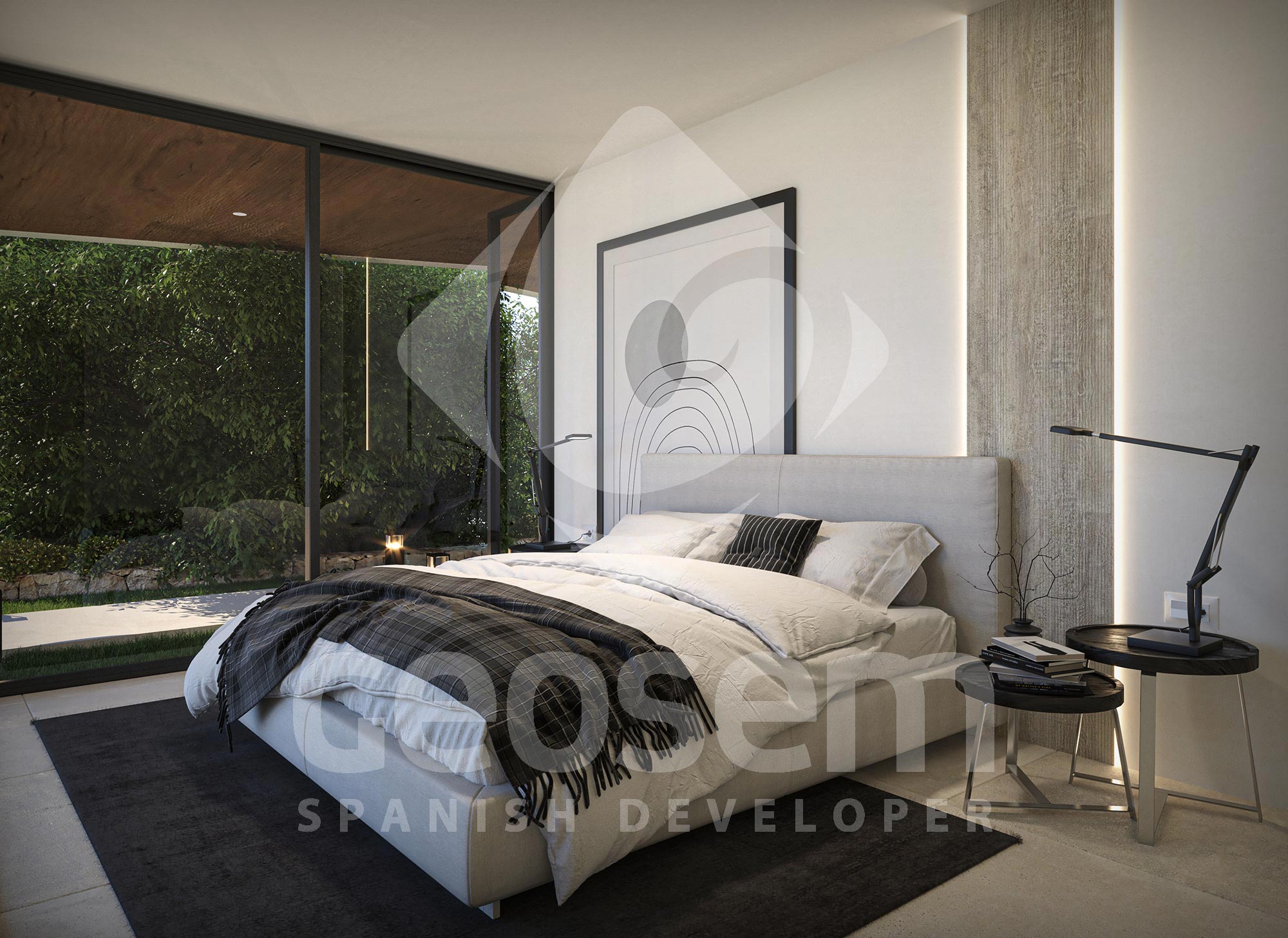 Moderne slaapkamer met kamerhoge glazen schuifdeuren naar het terras, minimalistische inrichting en een getextureerde wand met indirecte LED-verlichting.