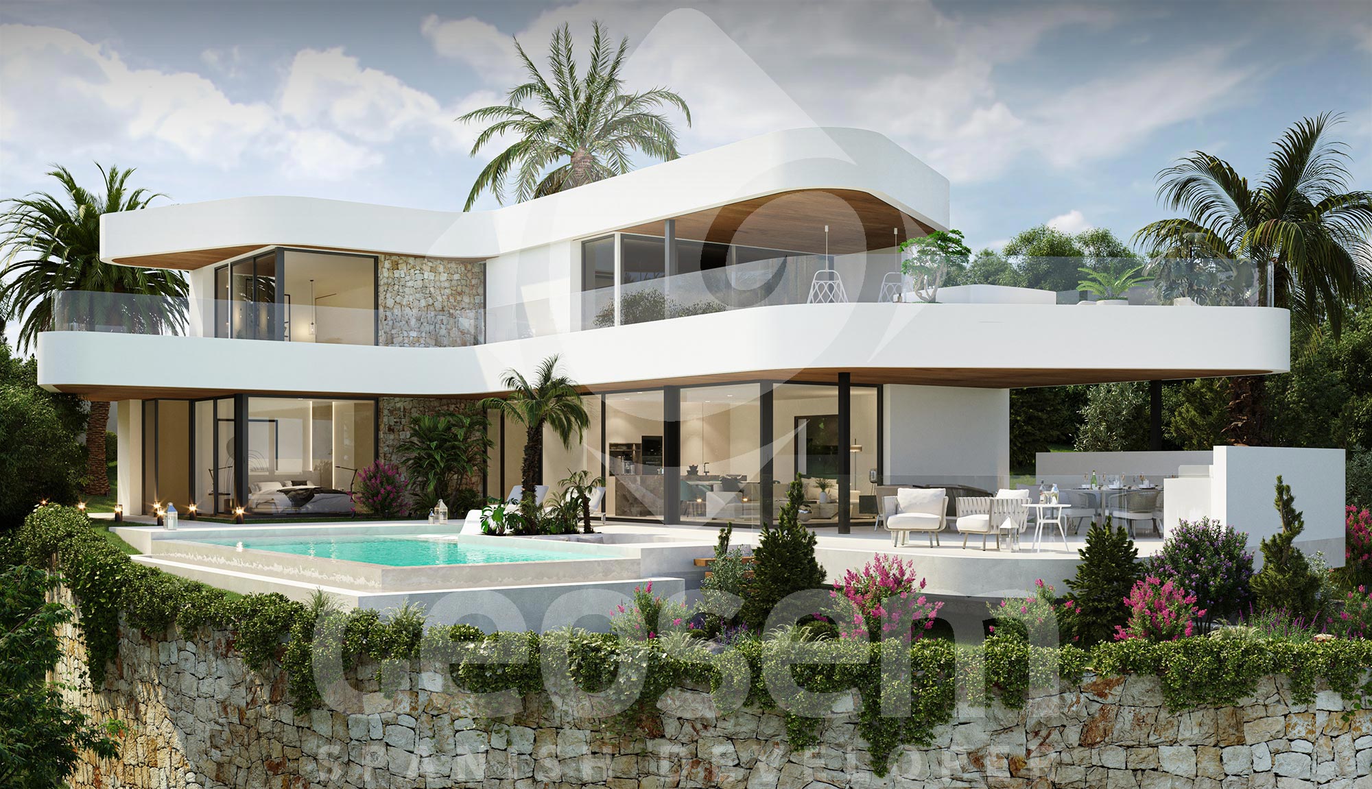 Moderne villa met gebogen witte architectuur, natuurstenen muren, een overloopzwembad en ruime terrassen met houten plafonds en glazen balustrades.