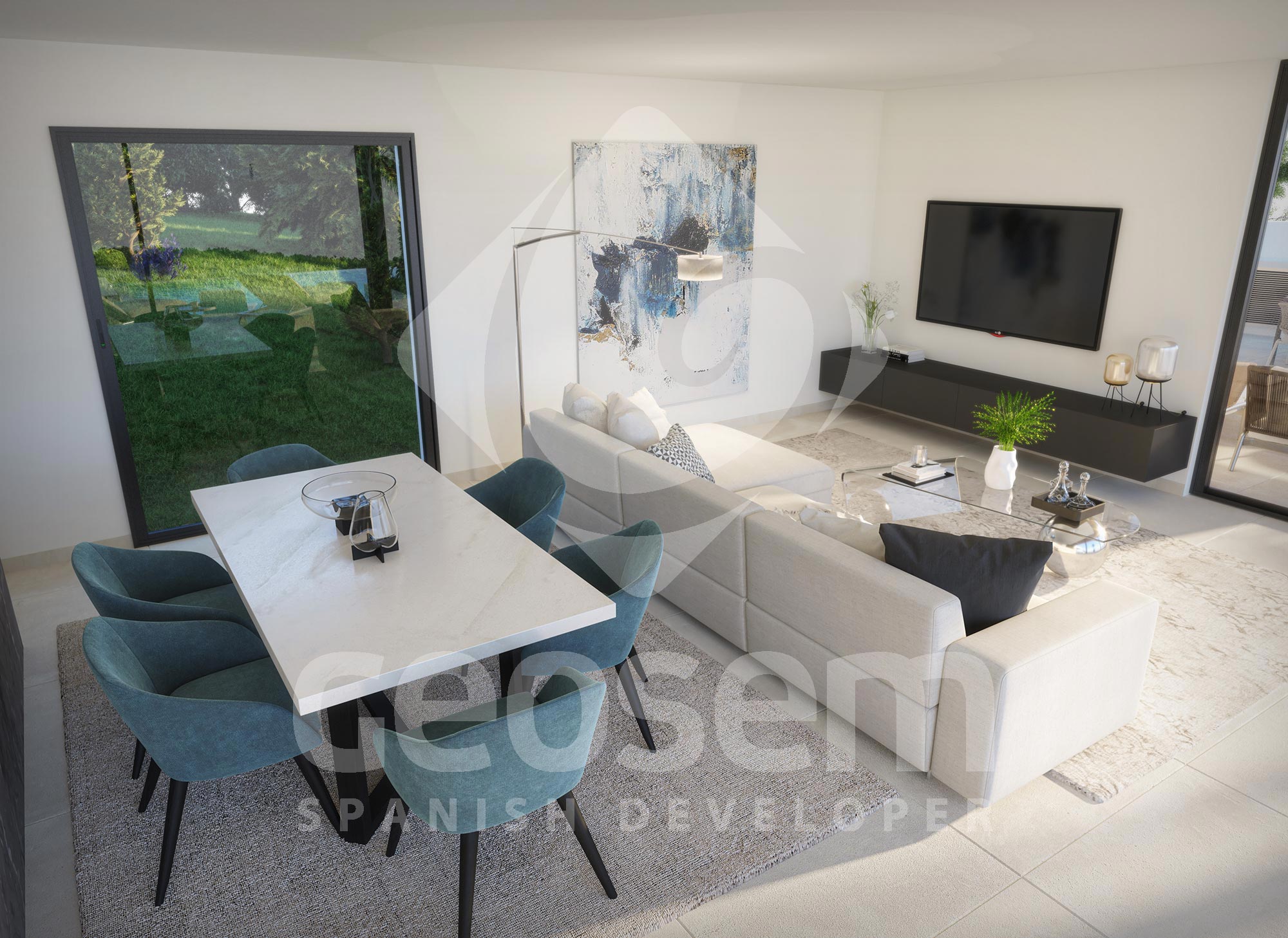 Open woon- en eetkamer met een witte stenen tafel, blauwe stoelen en een ruime hoekbank. Grote glazen schuifdeuren zorgen voor een directe verbinding met de omliggende tuin.