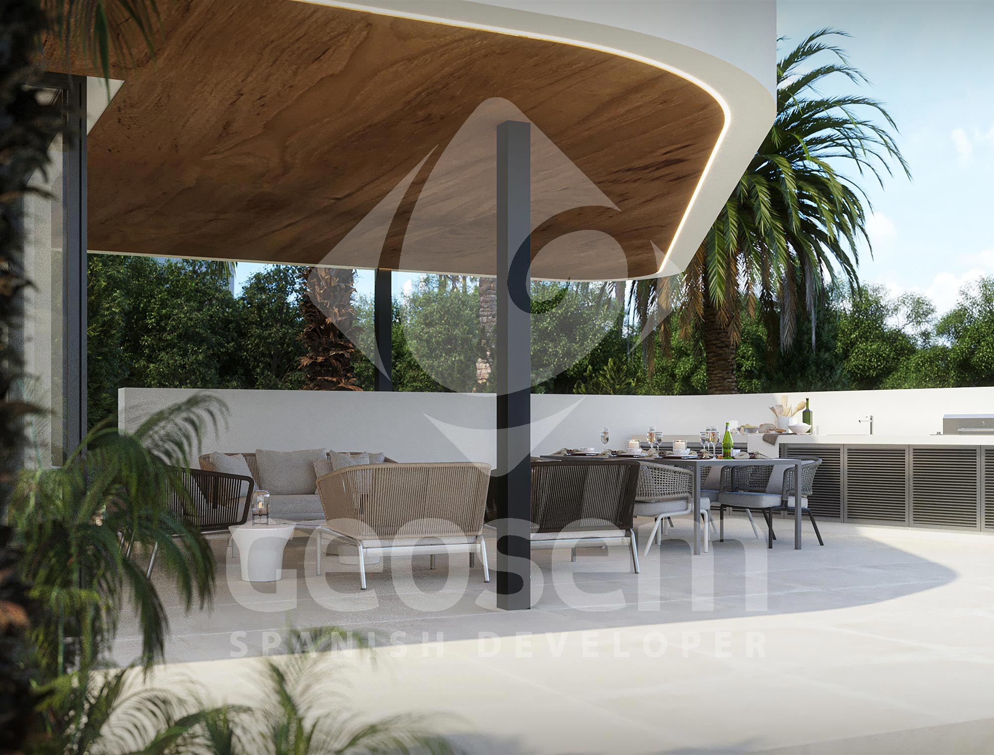 Overdekt terras met houten plafond en geïntegreerde ledverlichting, voorzien van een buitenlounge en eethoek naast de zomerkeuken.