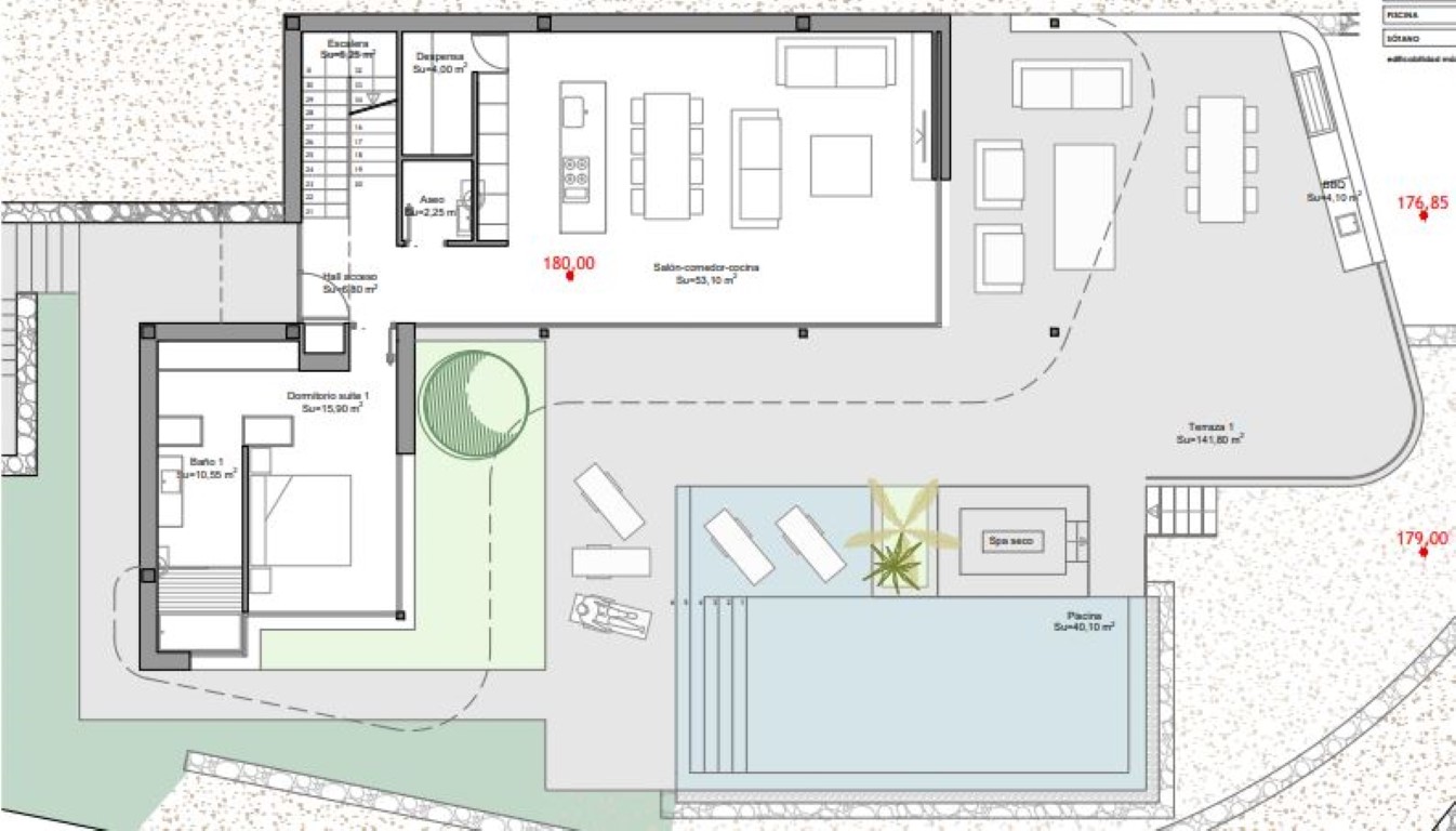 Technische plattegrond van de begane grond met de indeling van de woonkamer-keuken van 53 m², de master suite en het grote terras van 141 m² met overloopzwembad.