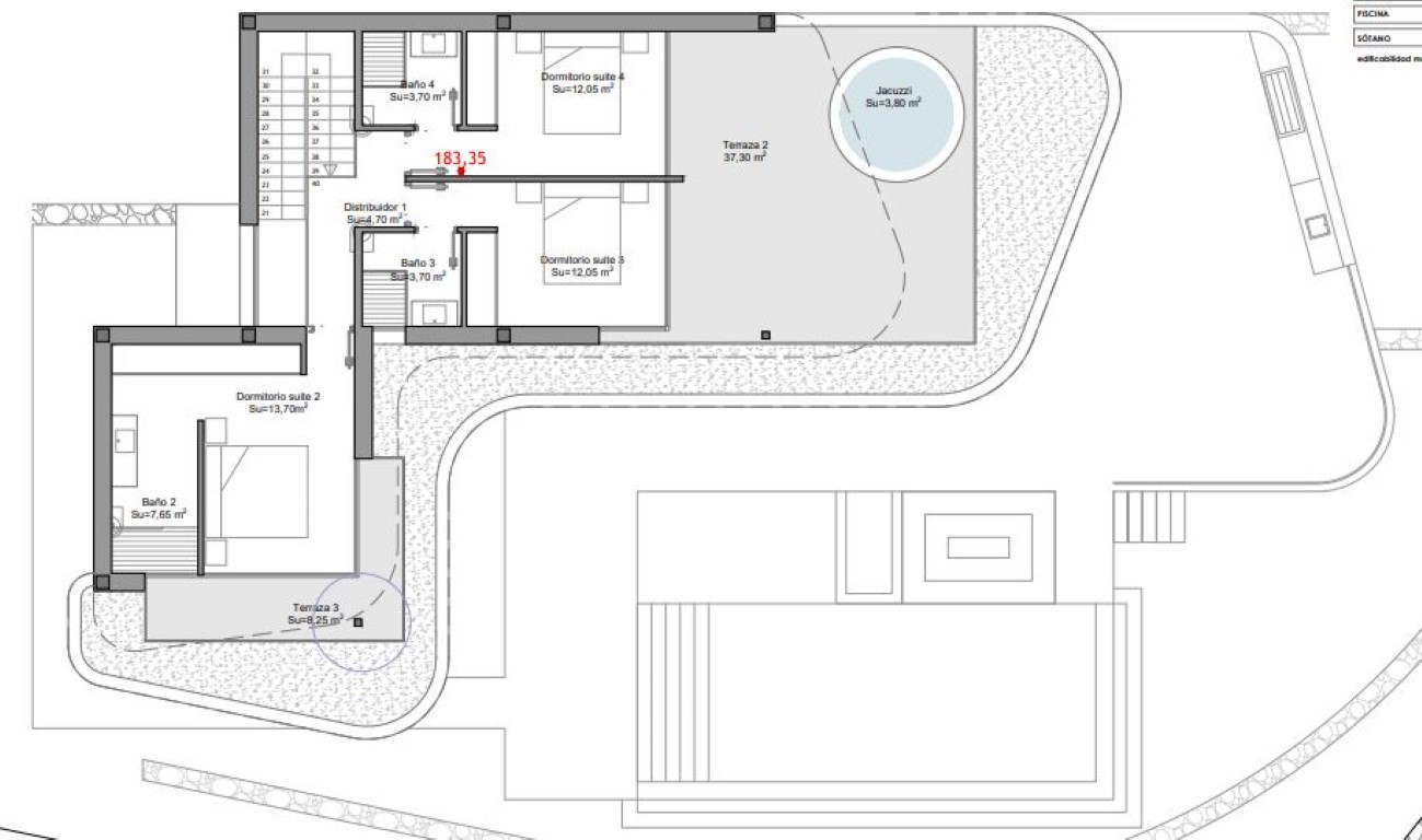 Technische plattegrond van de bovenverdieping met drie slaapkamers en suite en een ruim terras voorzien van een ronde jacuzzi.