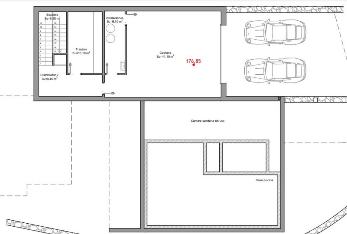 Technische plattegrond van de kelderverdieping met een garage van 41 m², berging, technische ruimte en de zwembadstructuur.