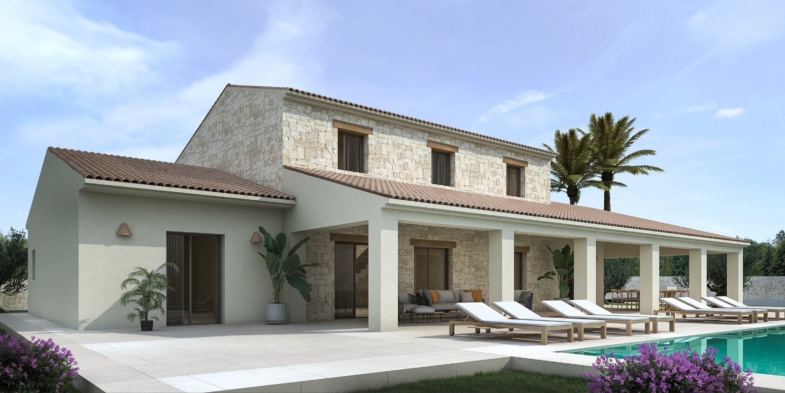 Exterieur in finca-stijl met natuurstenen gevels, een diep overdekt terras en een ruim zonneterras met ligbedden bij het zwembad.