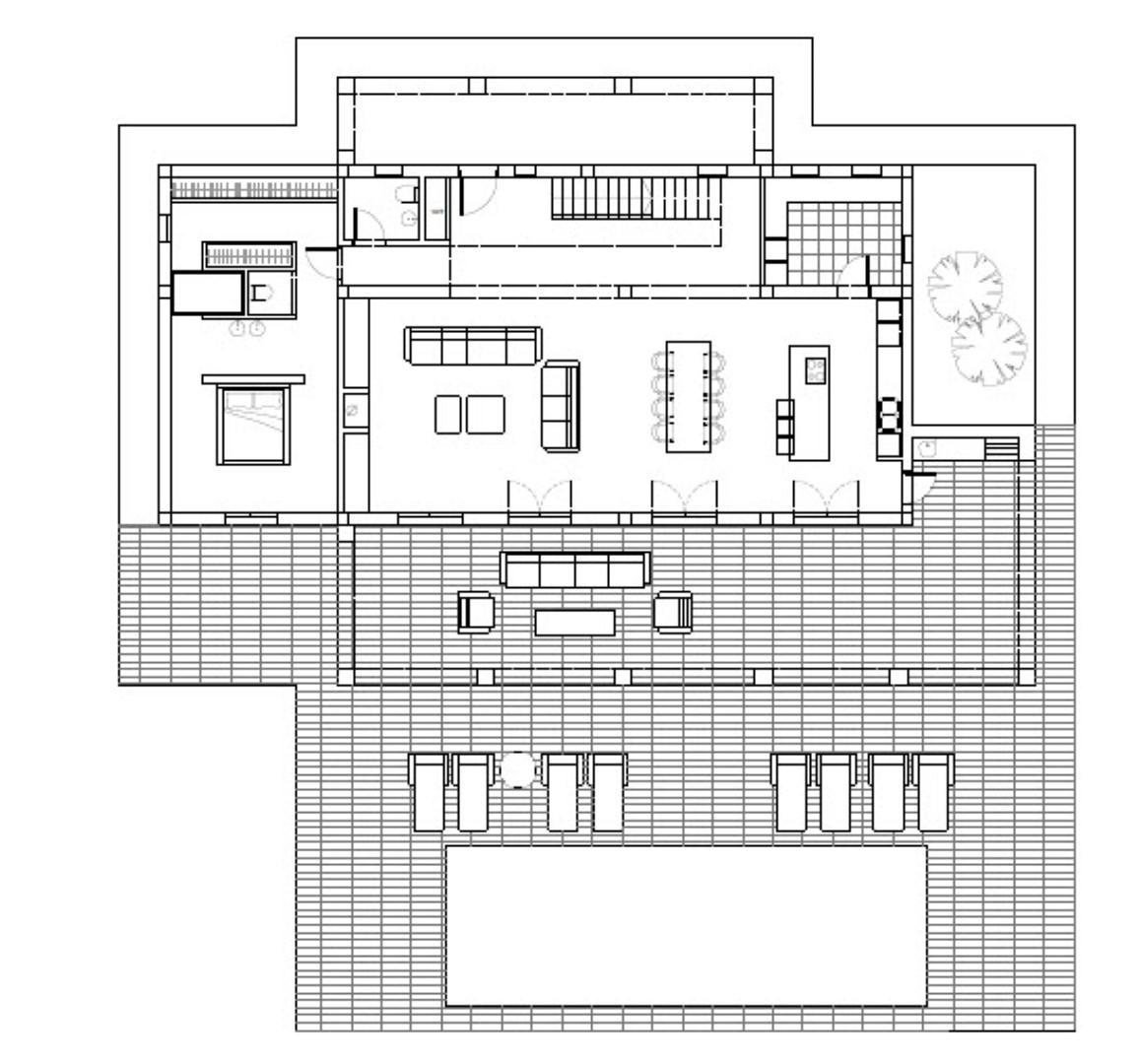 Gedetailleerde plattegrond van de begane grond met de open woonkamer, keuken met kookeiland, hoofdslaapkamer en het grote terras met zwembad van 48m2.