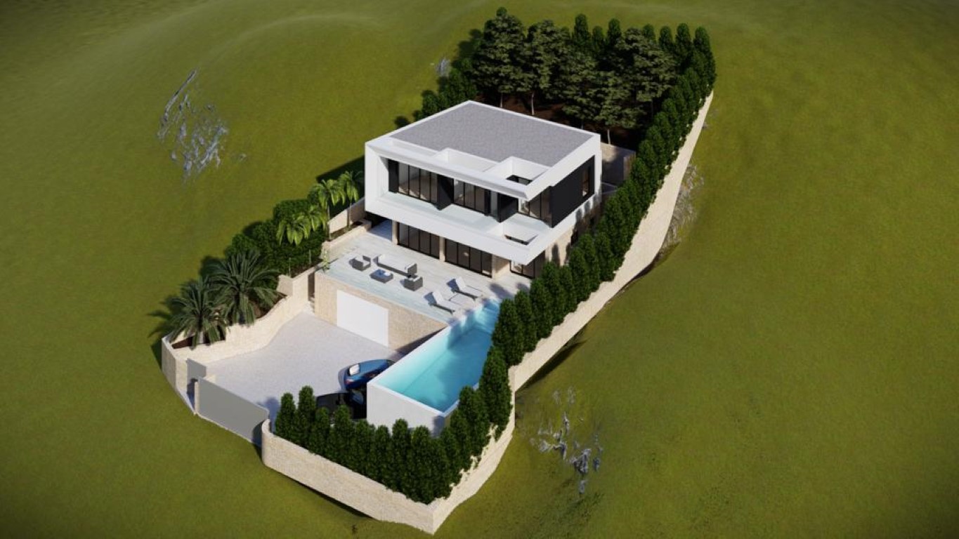 Artist impression van een moderne villa met witte gevels, een langwerpig overloopzwembad, ruime terrassen en natuurstenen muren op een hellend perceel.