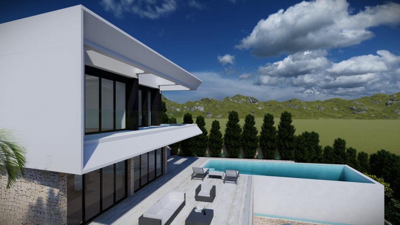 Exterieur van de villa met overloopzwembad, gemeubileerd terras en minimalistische witte gevel met accenten van natuurlijk steen.
